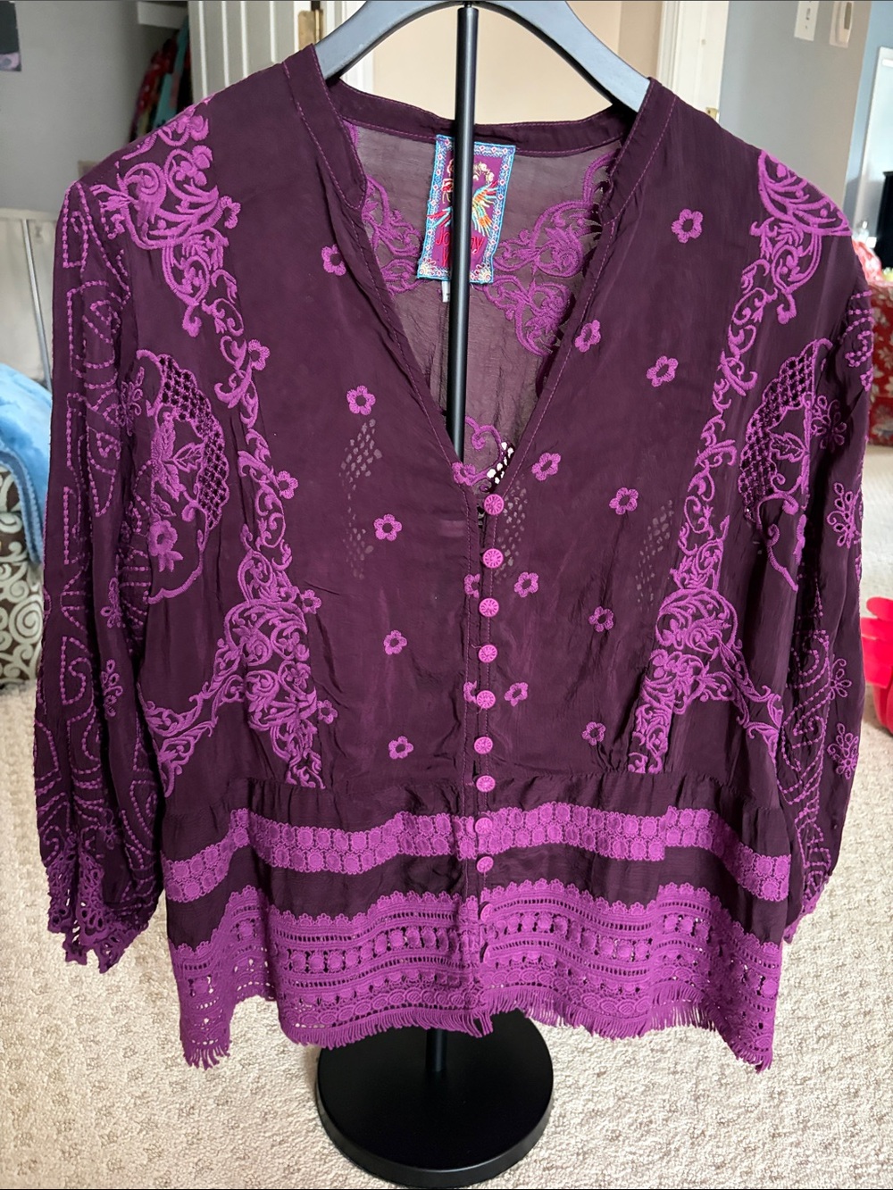 Johnny Was Plum and Magenta Embroidered Button-Up Blouse